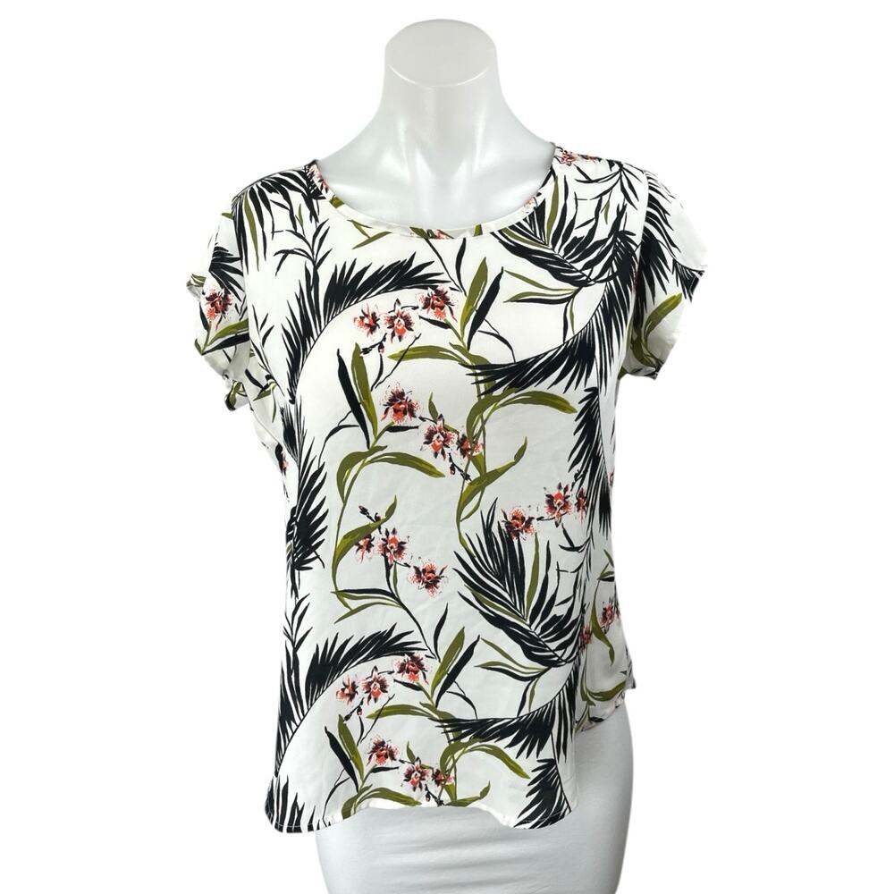 Ann Taylor Women's White Multicolor Floral Leaves Short Sleeve Blouse Top Size S